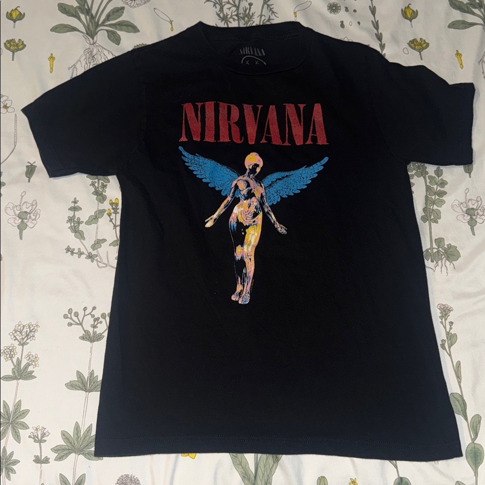NIRVANA Black Tee with Red and Blue Graphic